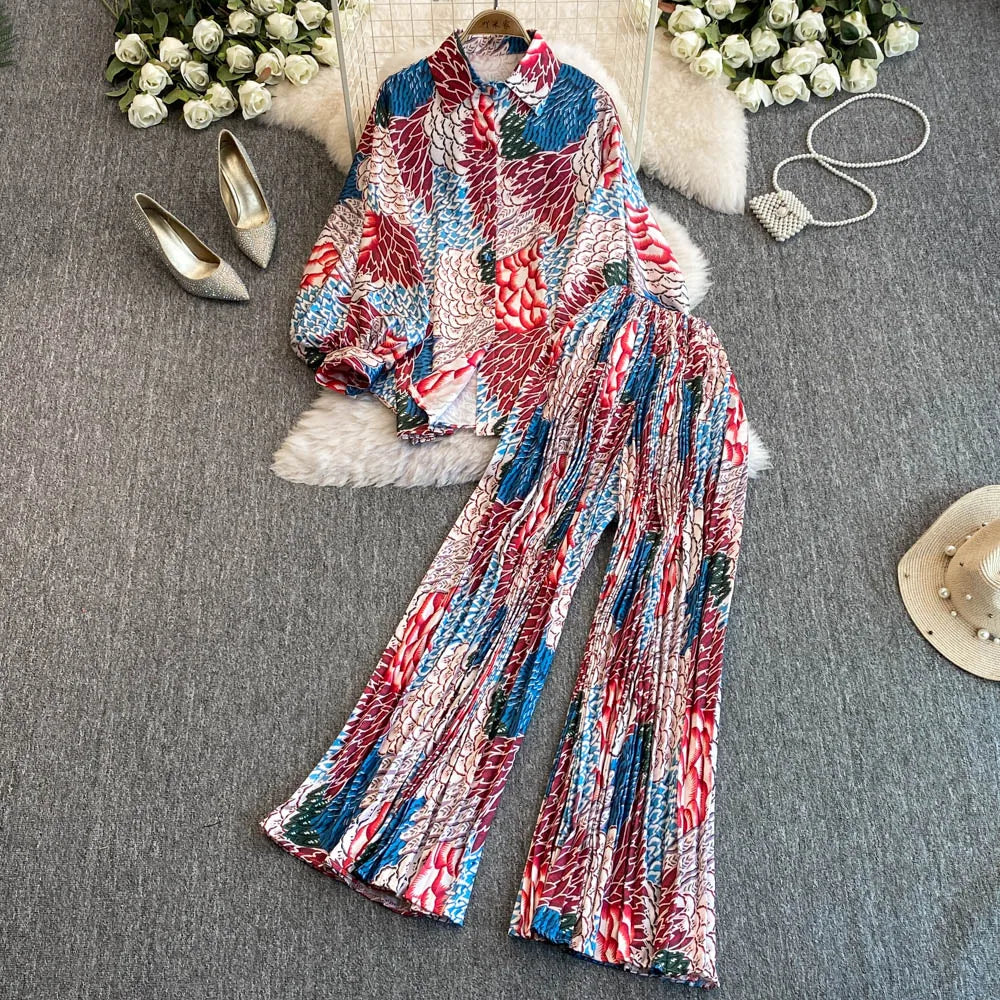 Elegant For Women's Fashion Sets Casual Long Sleeve Shirt Straight Pants Suit Female 2024 Loose Print Tops Two Pieces Outfits