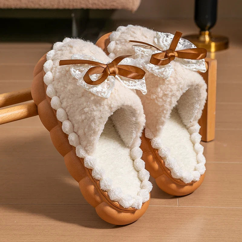 Winter Warm Fur Slippers For Women Thick-Soled Household Slippers Cute Bow Non Slip Soft Home Shoes Indoor Plush Women's Slipper