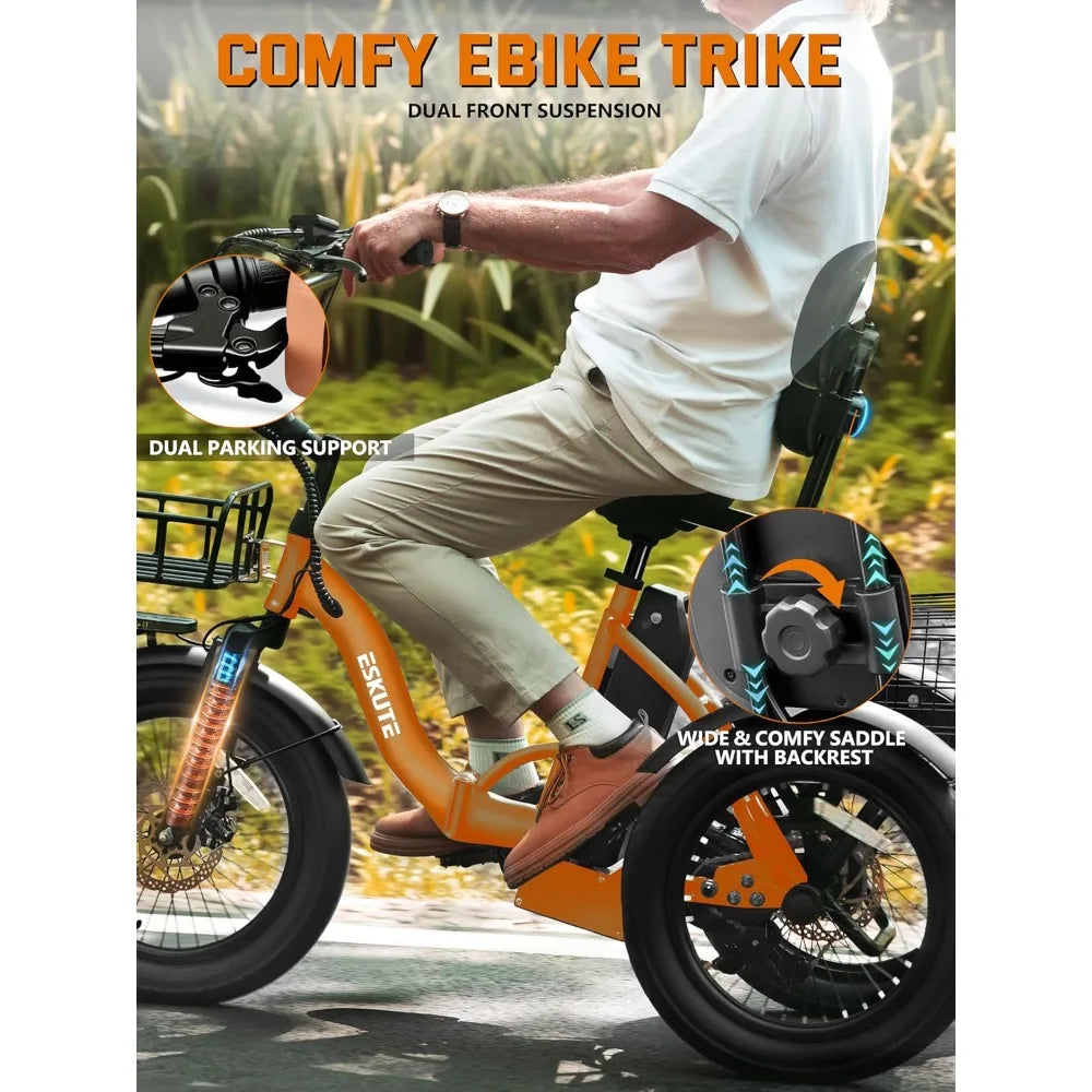 Folding 3 Wheel Electric Bike 1200W Motor 624Wh Battery 18MPH Adult Fat Tire Tricycle