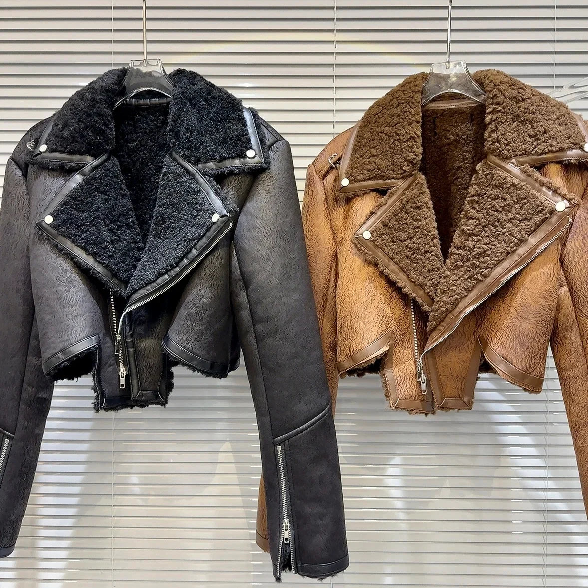 Faux-Leather Shearling Moto Jacket Cropped Winter Biker Coat