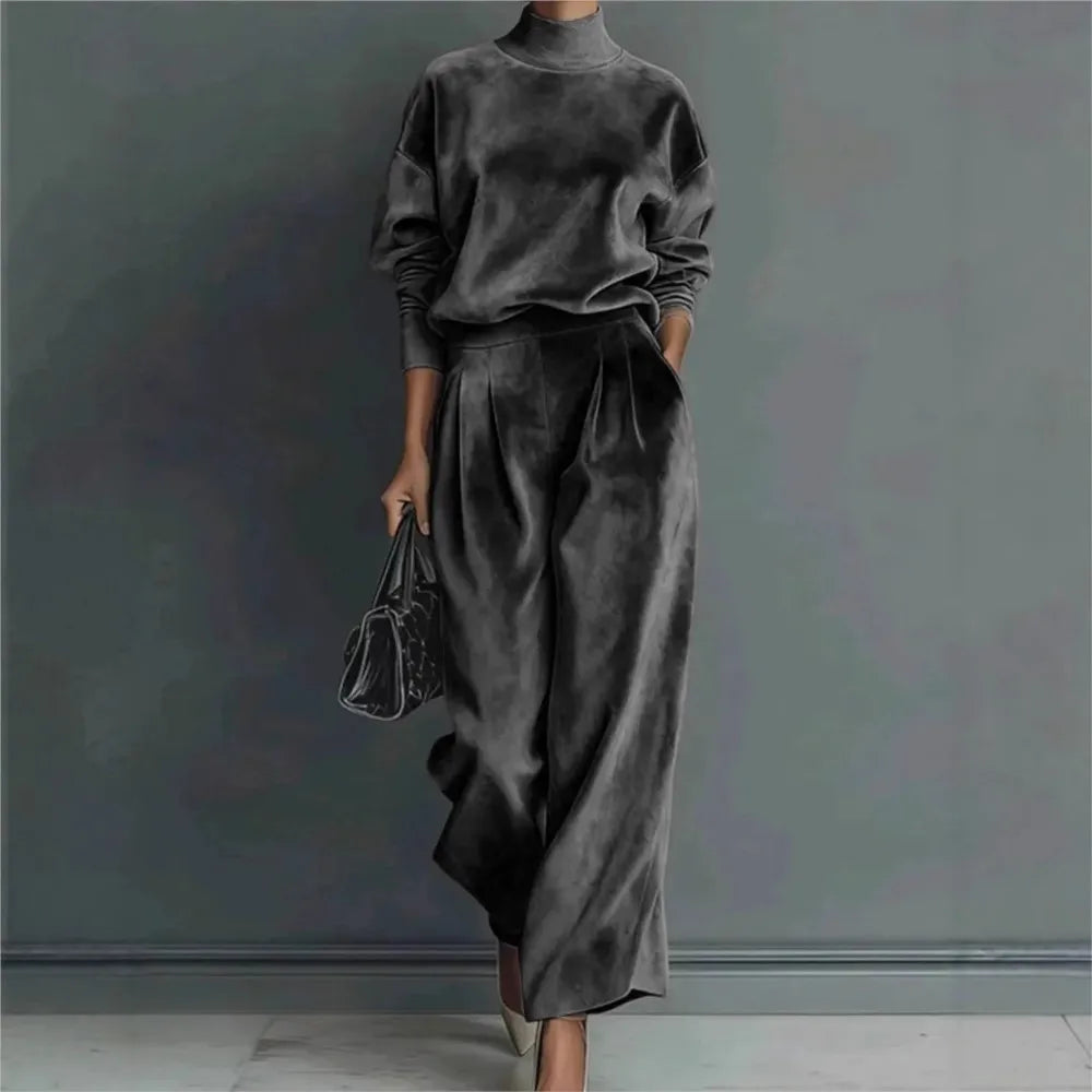 Autumn Winter Fashion High Collar Gold Velvet Long Sleeve Women's Suit Casual Sports Wide Leg Trousers Female Office 2 Piece Set