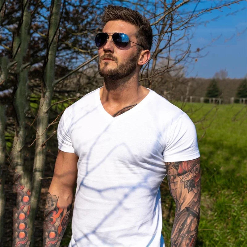 Hombres Moda Cuello V Manga Corta Fitness Ejercicio Verano Algodón Transpirable