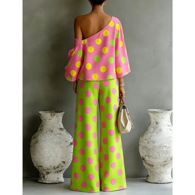 Bohemian Fashion Polka Dot Print Two-piece Set Woman's Foreign Style Slant Collar Top+wide Leg Pants Suit Lady Loose Fit Outfit