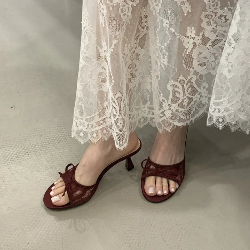Summer Women Net Butterfly-knot Slippers Fashion Cover Pointed Toe Slip On Mules Shoes Thin High Heel Ladies Elegant Slides Pump