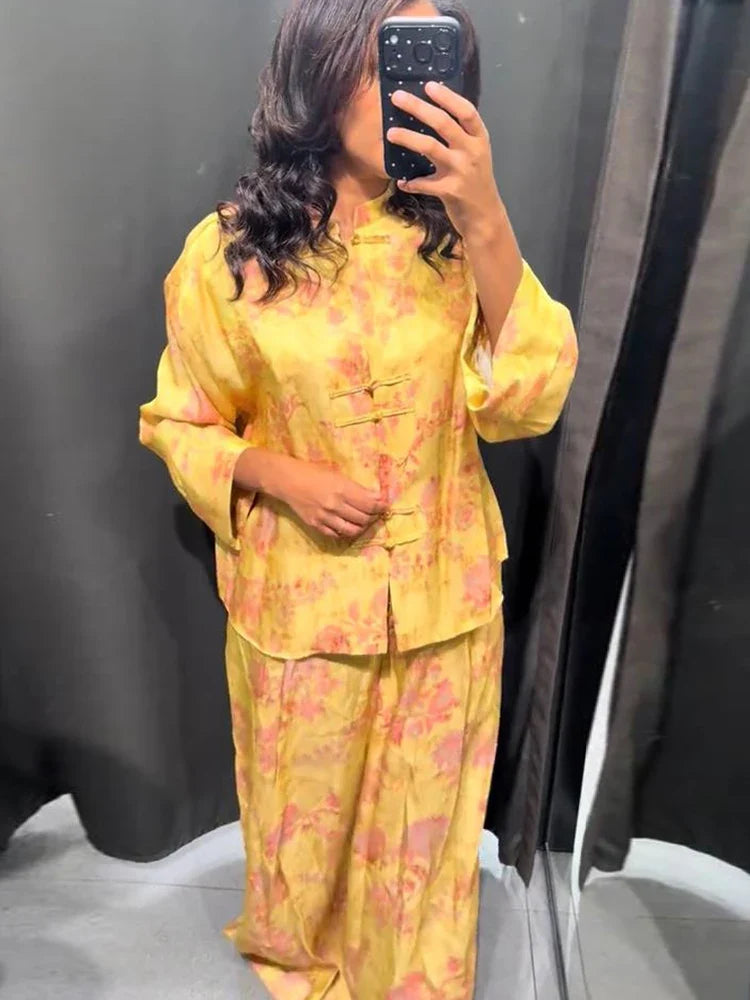 Fashion Women's Printed Button Top Long Pant Set Loose Stand Collar Full Sleeved Tops Wide Leg Pants 2026 Autumn Lady Suit New