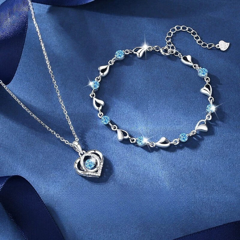 925 Sterling Silver Heart Shaped Necklace Bracelet Set for Women