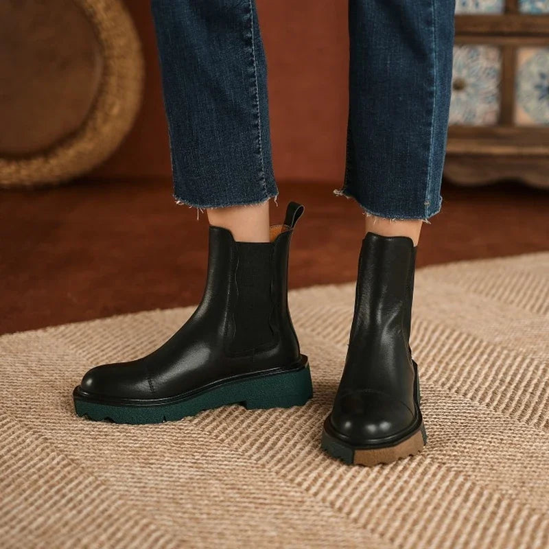 HOT SALE Autumn/Winter Women Boots Roend Toe Chunky Heel Shoes Chelsea Boots Genuine Leather Shoes for Women Flat Women Shoes