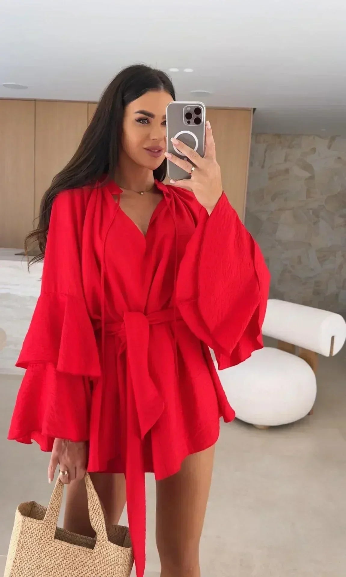 Elegant Fold Dress Women Brown Deep V-neck Long Sleeve Mini Dresses Female 2025 Spring Summer Fashion Loose Lady Vestidos