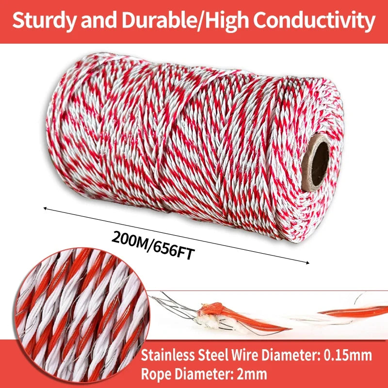200M Heavy Duty Electric Fence Polywire,High Conductivity Steel Wire Rope for Farm,Horse, Cattle and Garden Fencing