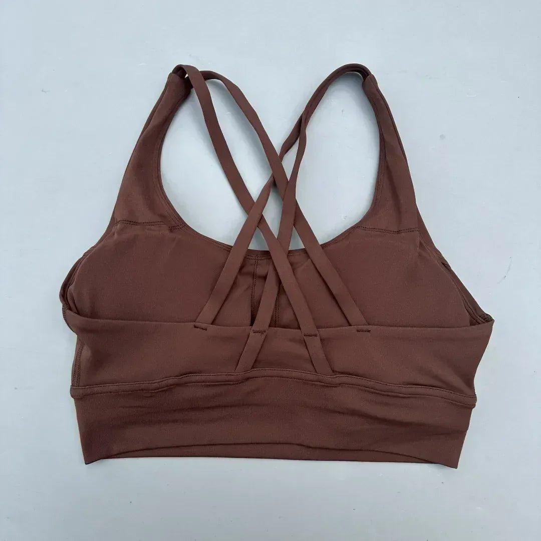 Sujetador deportivo para mujer de color liso, de punto cruzado, suave y de alta resistencia, top ajustado para entrenamiento completo, gimnasio, yoga, ropa interior con almohadillas para el pecho