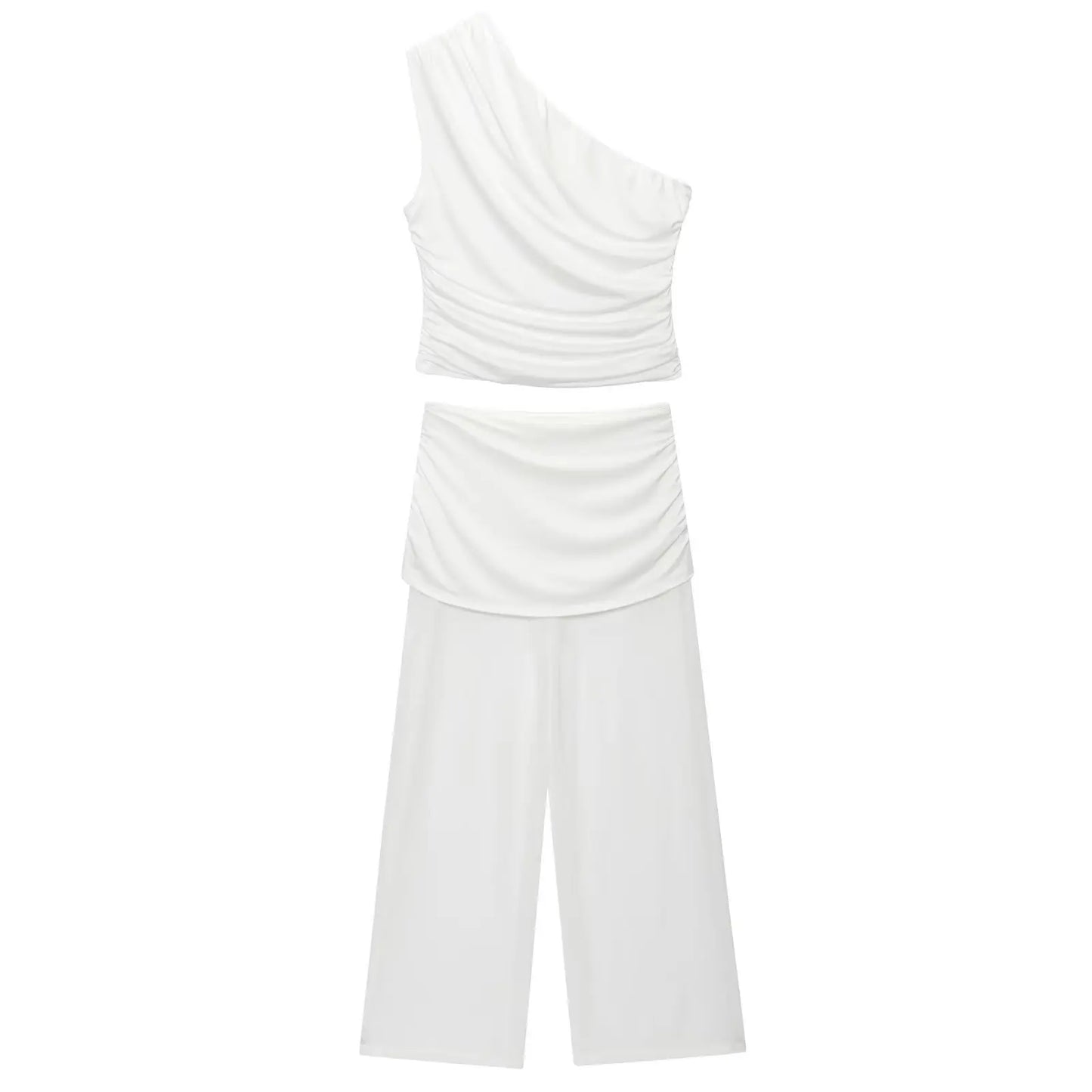 Women's One Shoulder Top Long Pants Set White Strapless Ruched Crop Top And Mesh Flare Pants Two Piece Set Out Party Outfit LNBK