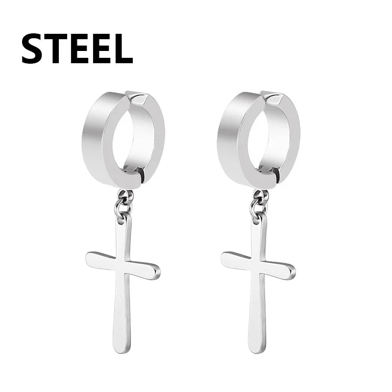 Punk Cross Stars Clip On Earrings | No Piercing Stainless Steel Ear Cuffs for Women Men