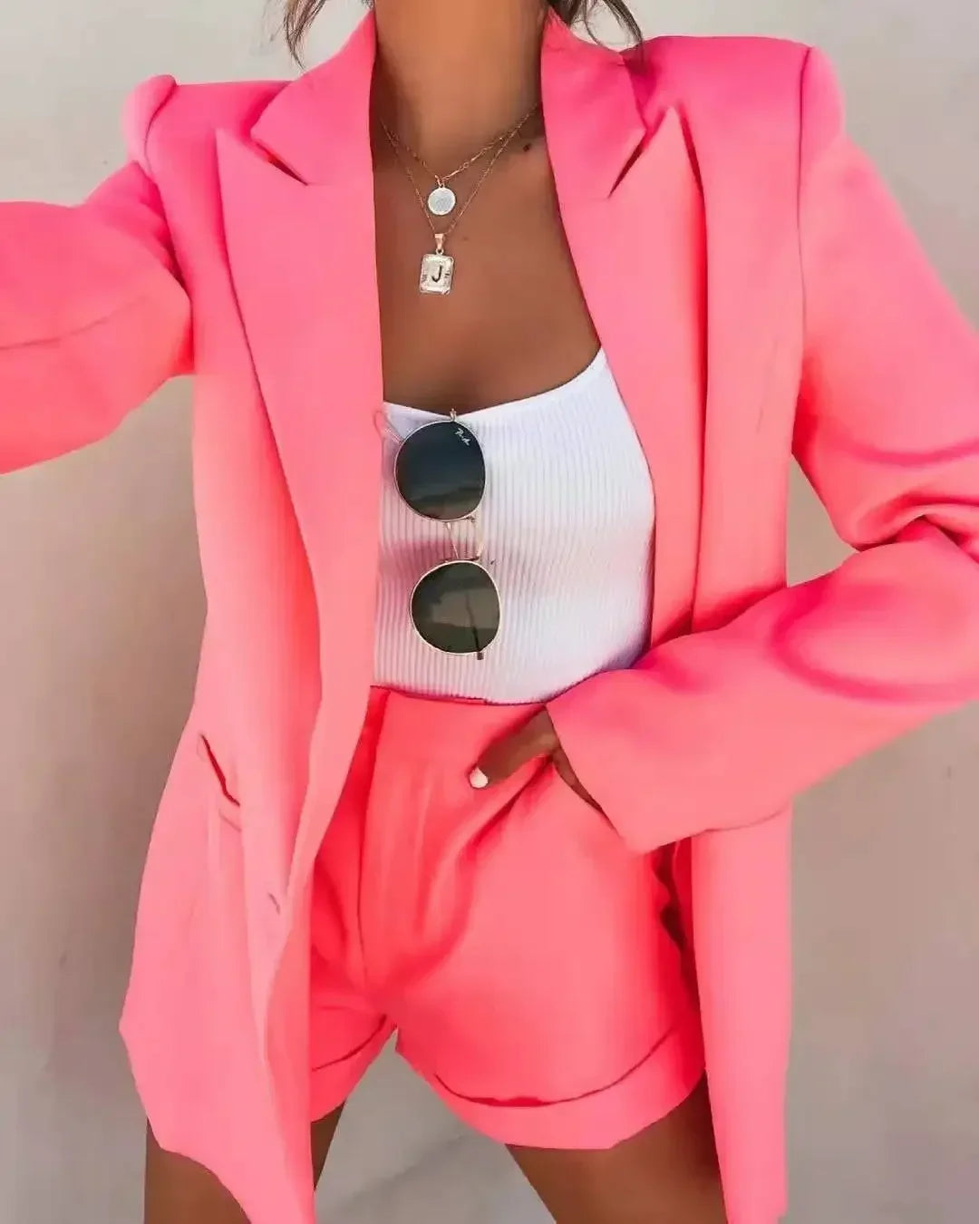 2026 Elegant Two Piece Blazer Suit Sets Women OL Office Sets Slim Cardigan Blazer Shorts Solid 2 Piece Set Casual Blazers Set