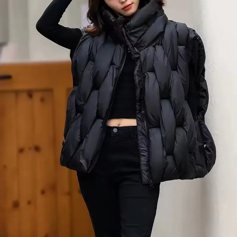 Women Thick Cotton Vest Women Square Weave High Collar Warm Waistcoat Casual  Warm Puffer Bubble Sleeveless Jacket