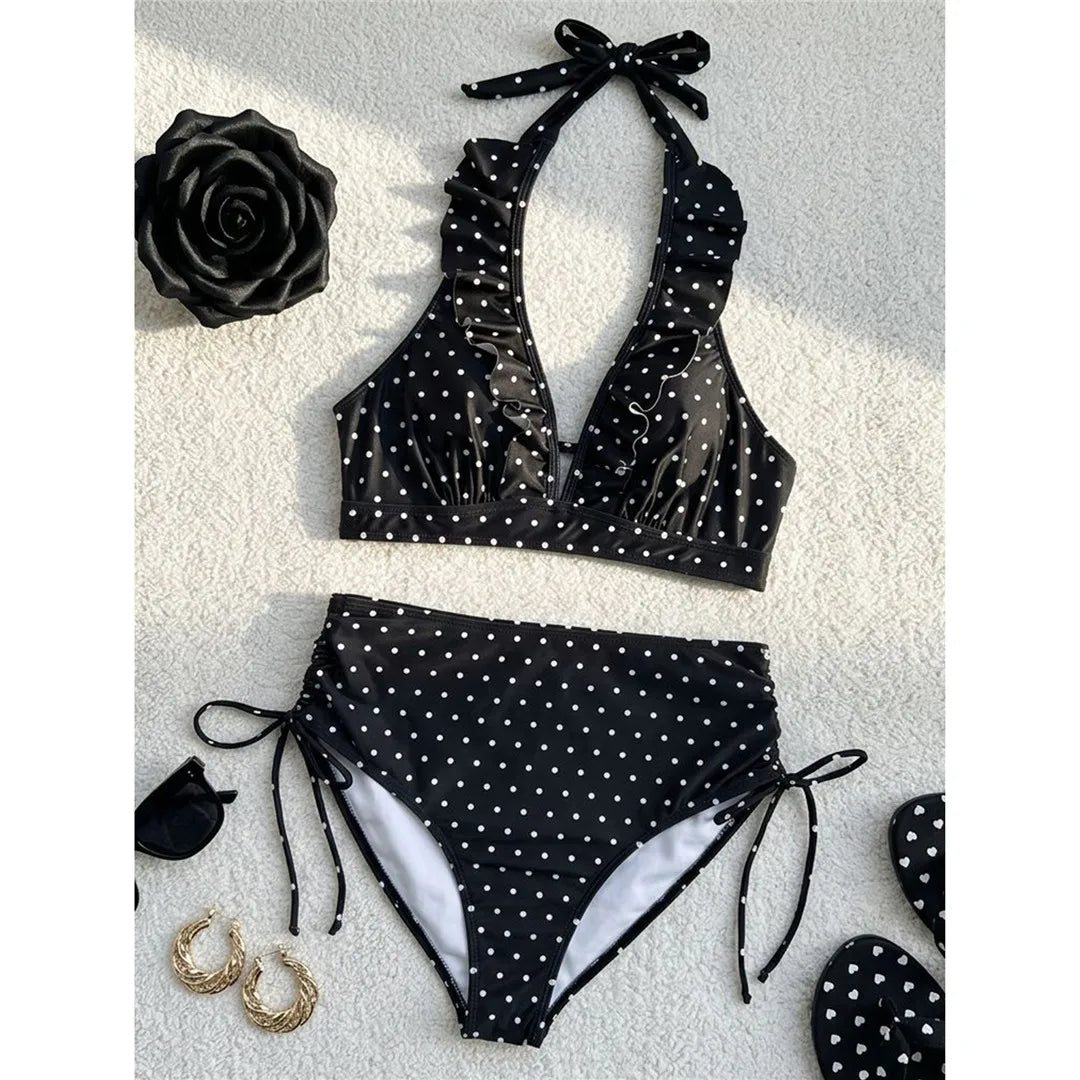 S - XL Polka Dot V Neck High Waist Bikini Female Swimsuit Women Swimwear Bather Bathing Suit Swim Two-pieces Bikini set K8111