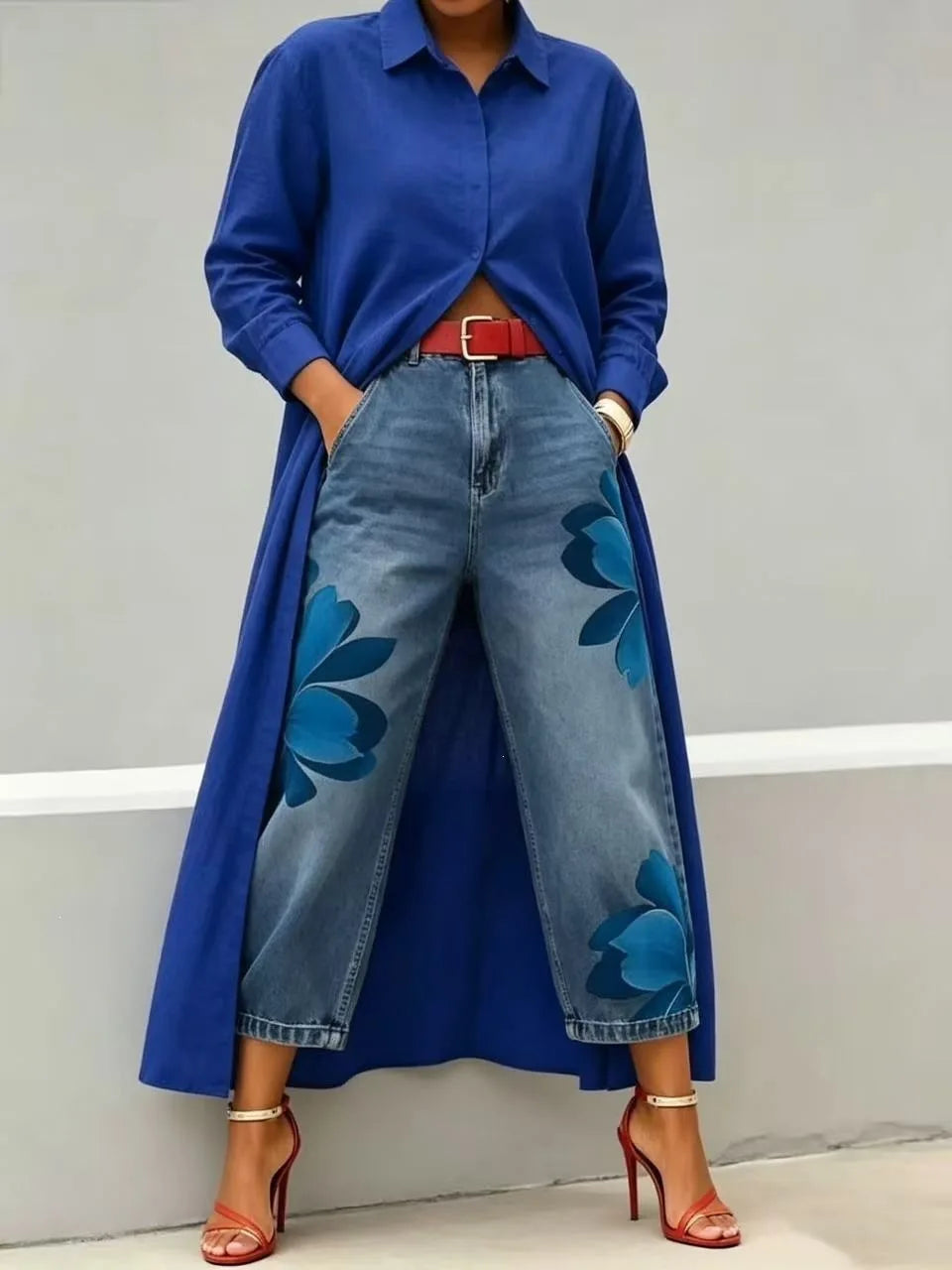 2026 New Fashion Floral Print Wide Leg Jeans Casual Cotton Denim High Waist Nine-Pants Trendy Plus Size Trousers High Street