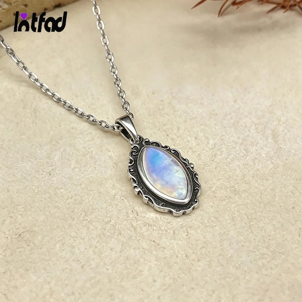 Vintage 925 Sterling Silver Necklaces with Natural Moonstone 12*6MM Simple Pendant Necklaces Party Fine Jewelry For Women Men