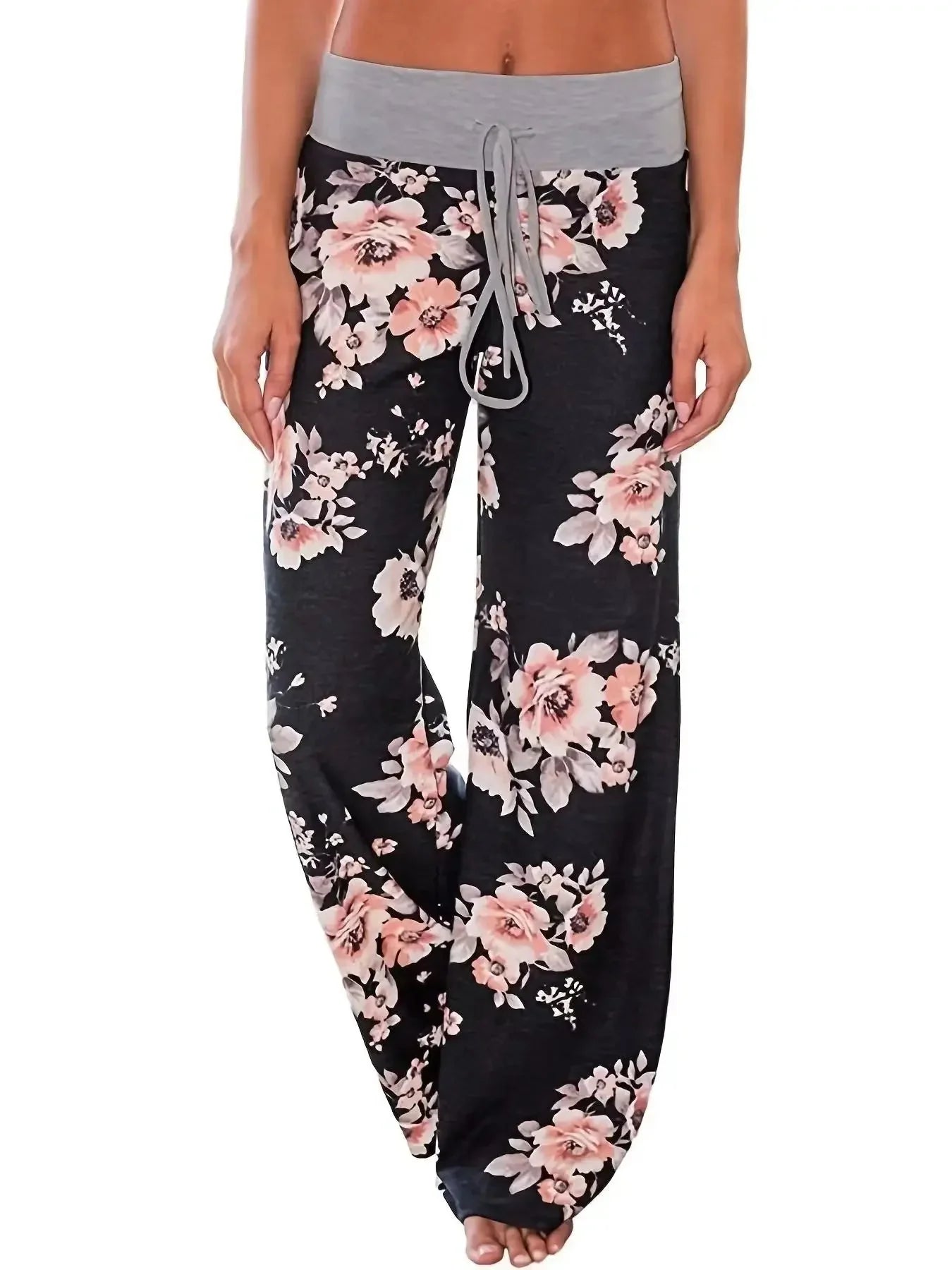 Pantalón de salón de pierna ancha con cordón talla grande, comodidad informal