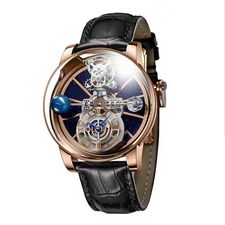 PINDU Design Man Wristwatch Transparent Hollow Design Celestial Roulette Quartz Watches Water Resistant Leather Men's Watch Box