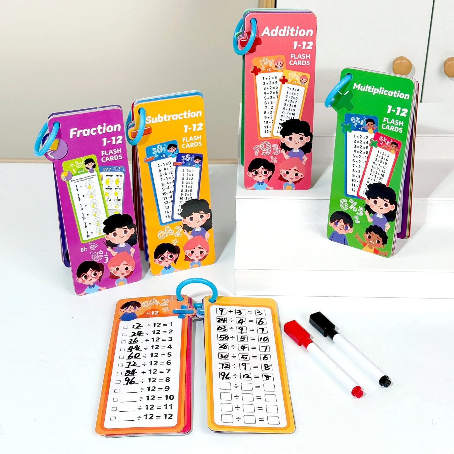 Digital Learning Flash Cards, Addition, Subtraction, Multiplication, Division, Fractions, Math Formula Memory, 15 Cards with Two Erasable Pens, Learning Toy