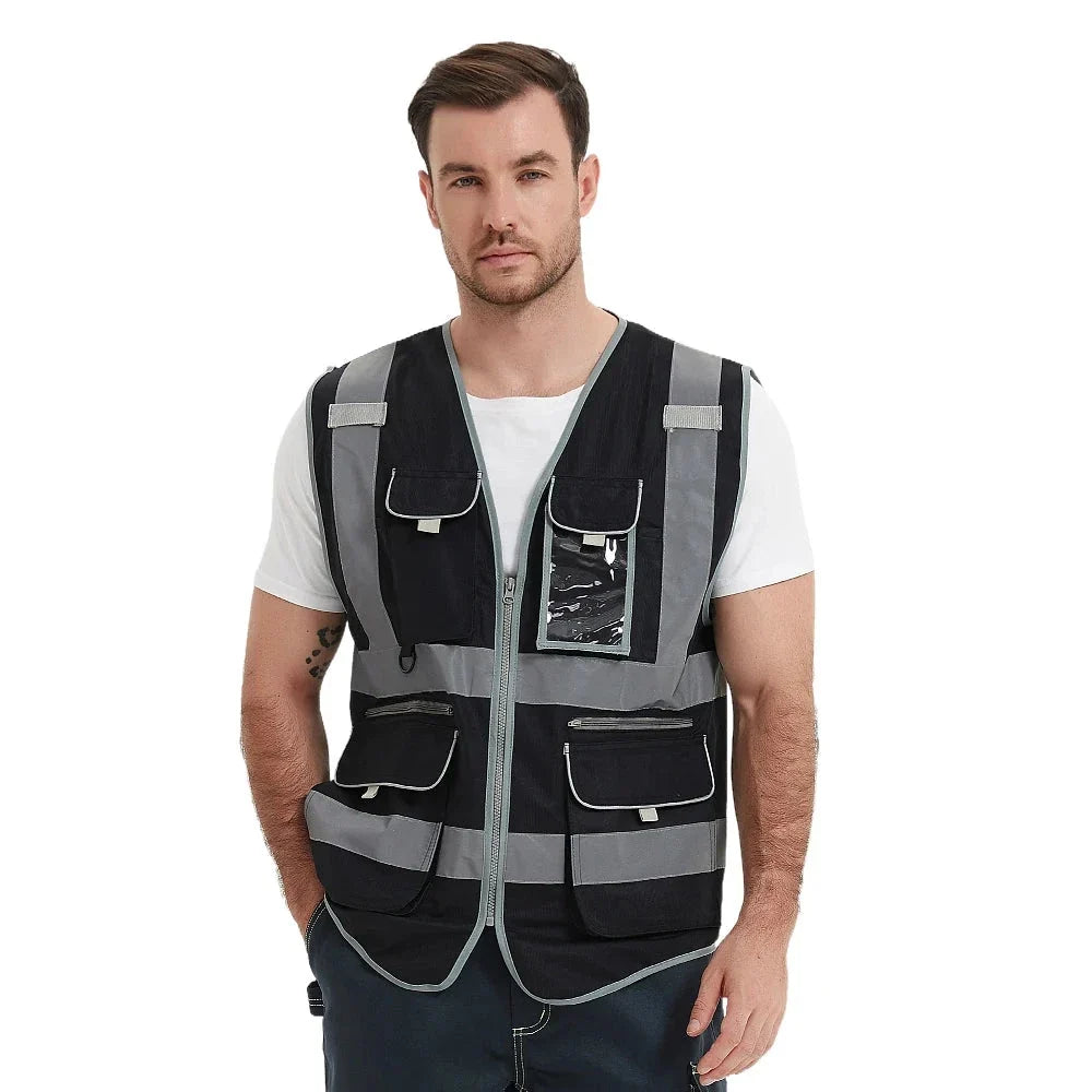 Heavy Duty Reflective Safety Vest with 9 Pockets and Zippers