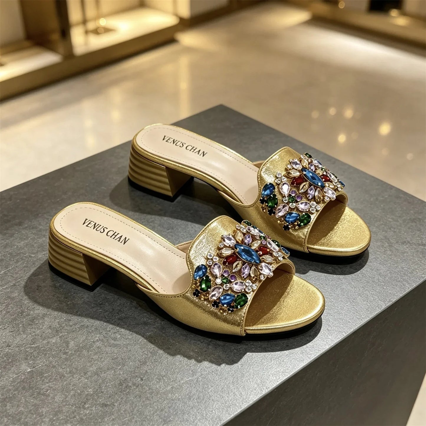 Women's Luxury Gold Satin Low Block Heel Mules Sparkly Colorful Gem Rhinestone Jeweled Open Toe Slide Sandals Summer Party Shoes