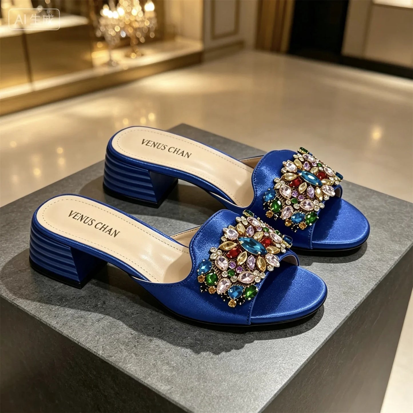 Women's Luxury Gold Satin Low Block Heel Mules Sparkly Colorful Gem Rhinestone Jeweled Open Toe Slide Sandals Summer Party Shoes