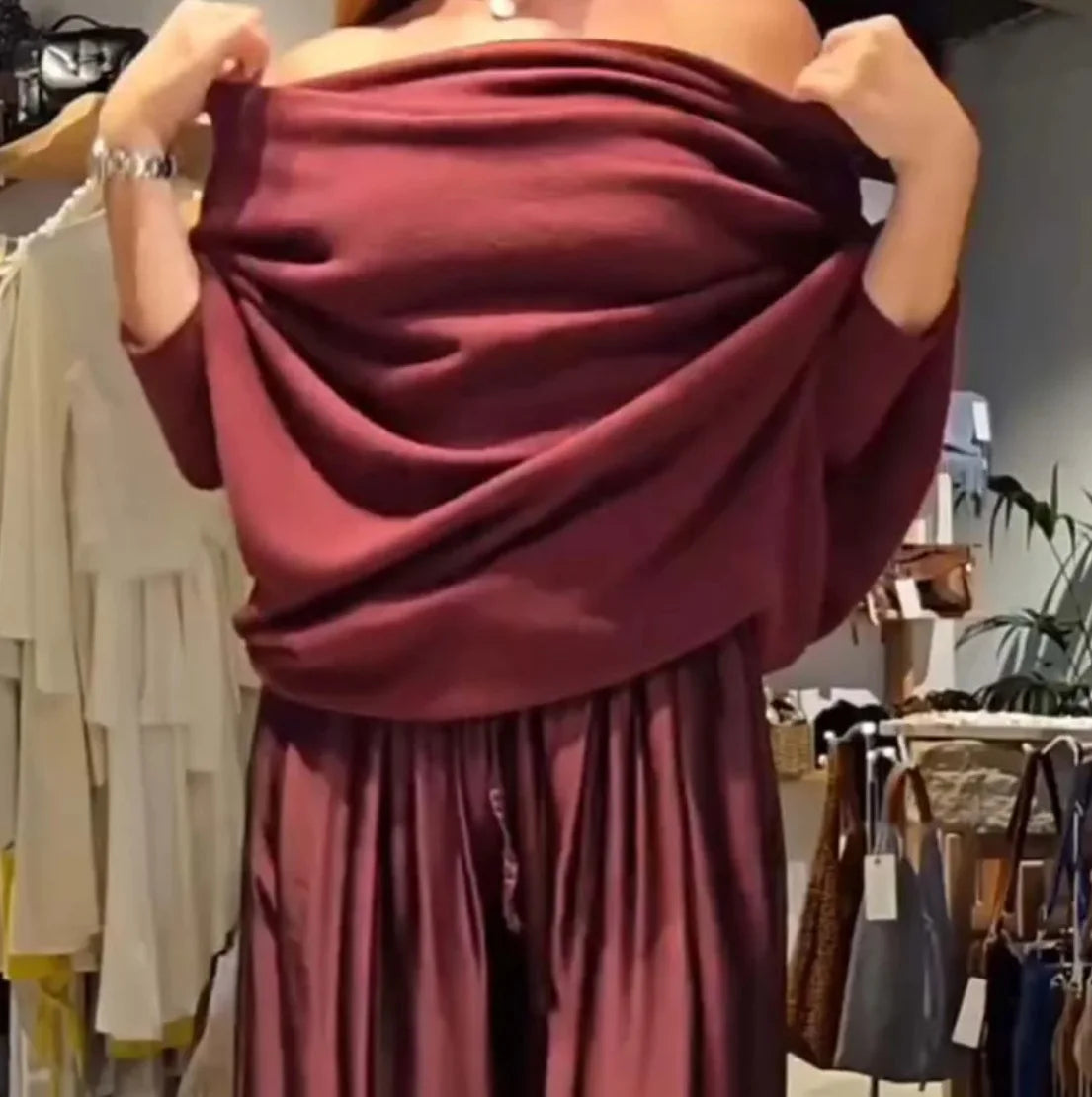 Fashion 2 Pieces Sets Women Elegant Off-shoulder Loose Tops And Satin Wide Leg Pants Sets 2026 Spring Casual Suit Woman Clothes