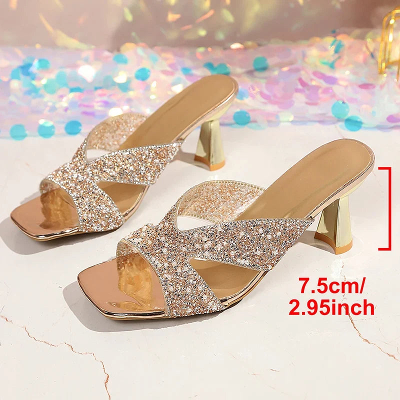 Luxury Crystal High Heels Sandals Women Fashion Square Toe Thick Heels Party Wedding Shoes Woman Plus Size Pearls Sequin Sandals