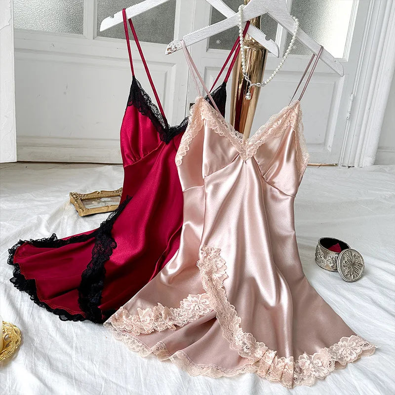 Women's Sleepdress Contrast Lace Satin Nightdress Deep V Backless Lace Up Split Slip Sleep Casual Dress Summer Nightwear Female