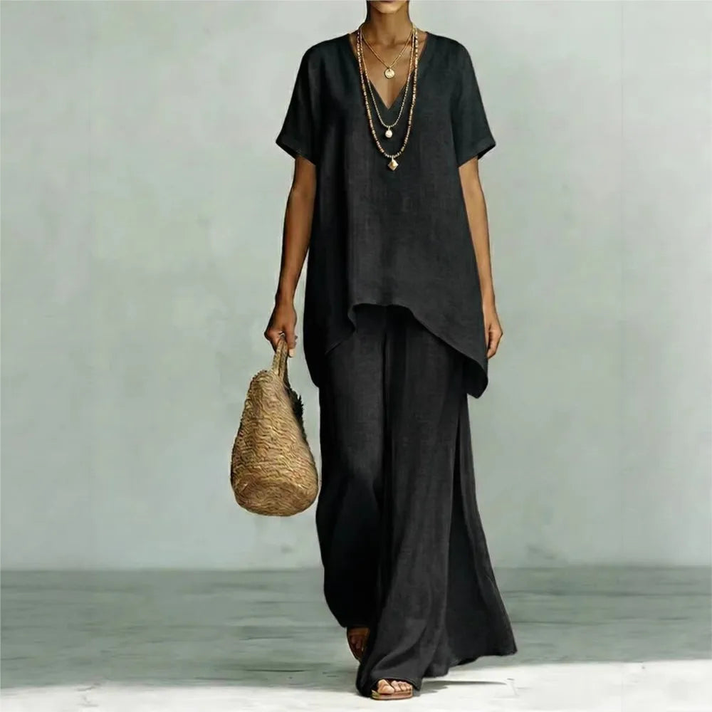 Fashion Loose Cotton Linen Short-sleeved Trousers 2 Piece Set Women Summer New Casual V-neck Retro Female Wide-leg Trousers Suit