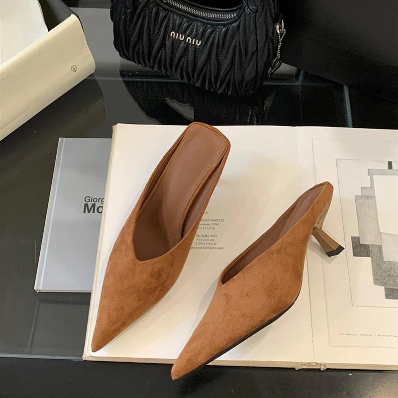 Summer Fashion Thin Mid Heels Women Slippers Elegant Pointed Toe Party Dress Mule Slides Shoes Zapatos Mujer