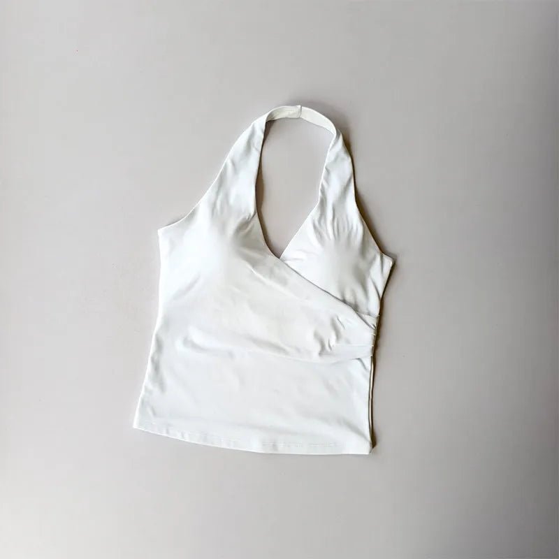 Sexy V-neck Cross Halter Neck Yoga Vest Sleeveless Sports Bra with Chest Pad Naked Sense Fitness Top with Beauty Back Design for