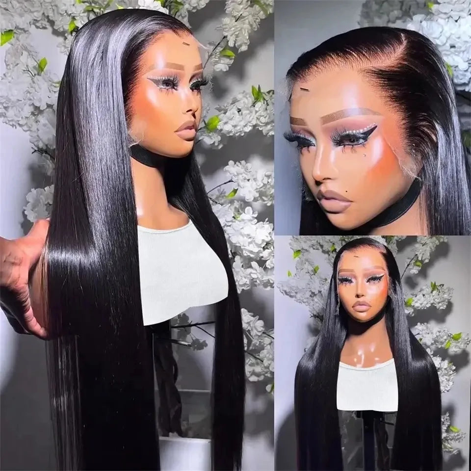 Peluca frontal de encaje largo y liso 13x4, color negro, sintética, para mujeres afroamericanas, pre-arrancada con pelo de bebé, nudos decolorados, sin pegamento
