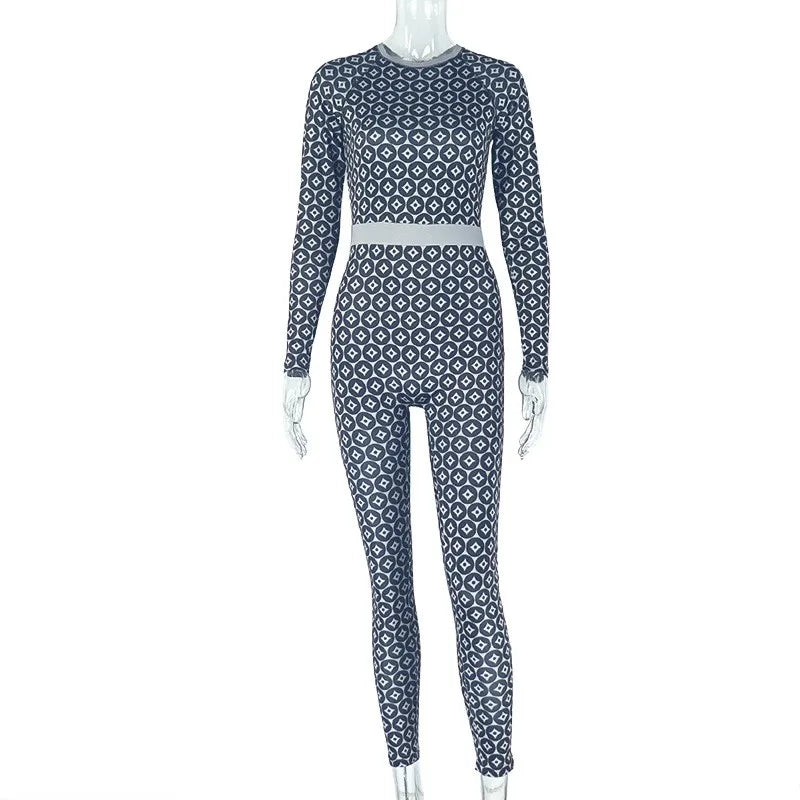 Women's Fashion Sets Slim Print Pants Y2K O-neck Long Sleeve Top Stretch Hip Package Pencil Trousers 2025 Spring Sexy Lady Suits