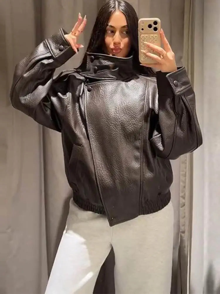 2026 Autumn Women's Faux Leather Jacket Brown Black Long Sleeve Stand Collar Thick Loose Lady Coat Fashion Motorcycle Streetwear