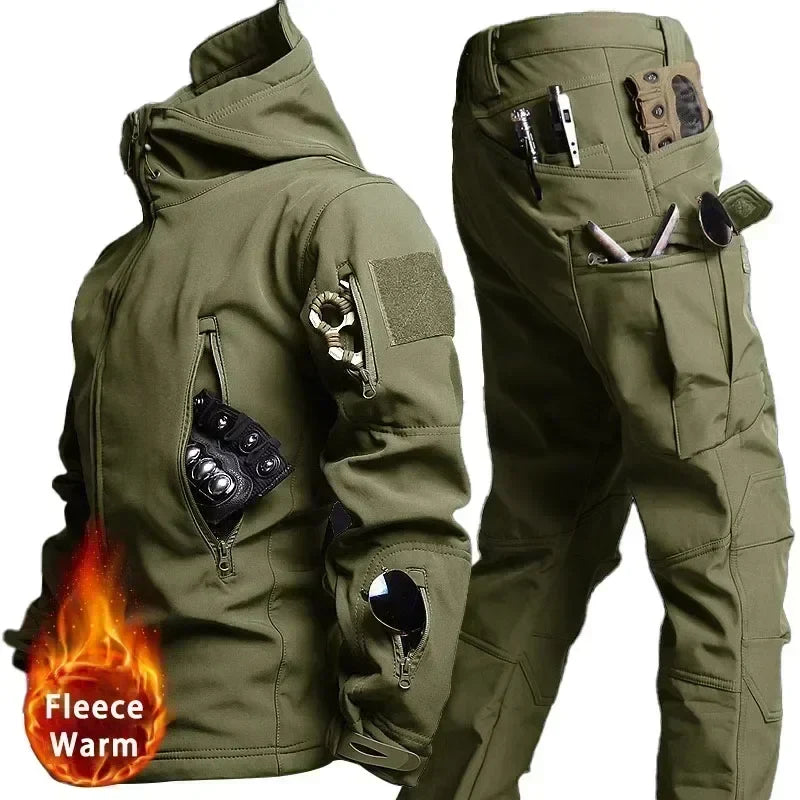 Camo Winter Tactical Sets Men Shark Skin Soft Shell Hooded Jacket+Multi-pocket Straight Cargo Pant 2Pcs Suits Waterproof Set