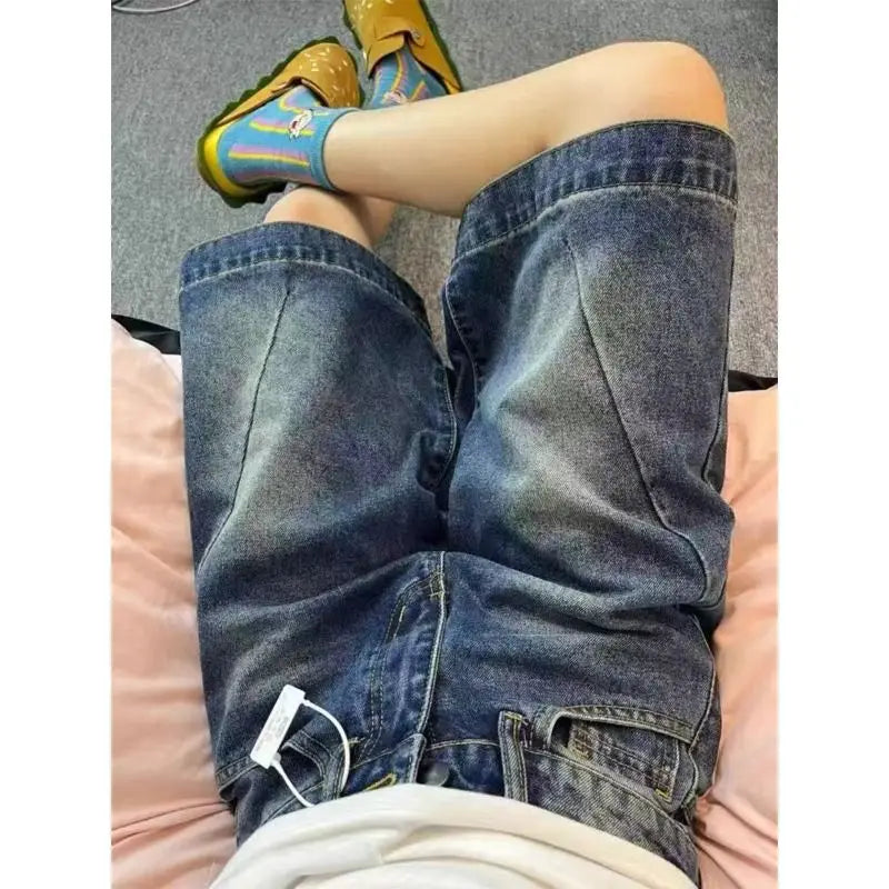 Blue Loose Wide Leg Denim Shorts Women's Summer New Design High Waist