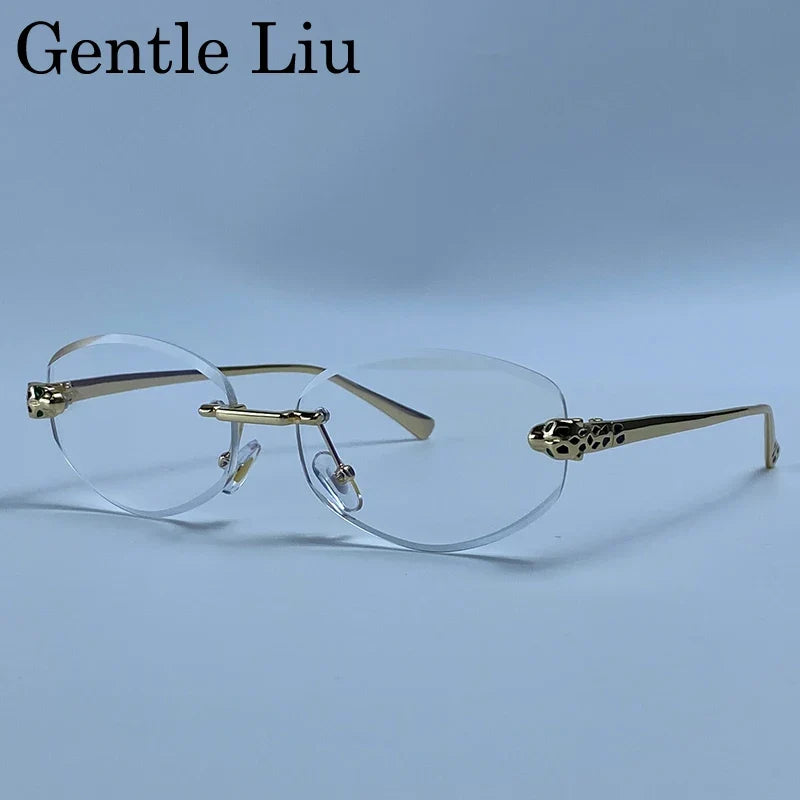 Rimless Leopard Head Sunglasses Men Luxury Designer Vintage Small Oval Sun Glasses Male Metal Frame Eyewear Retro Driving Shades