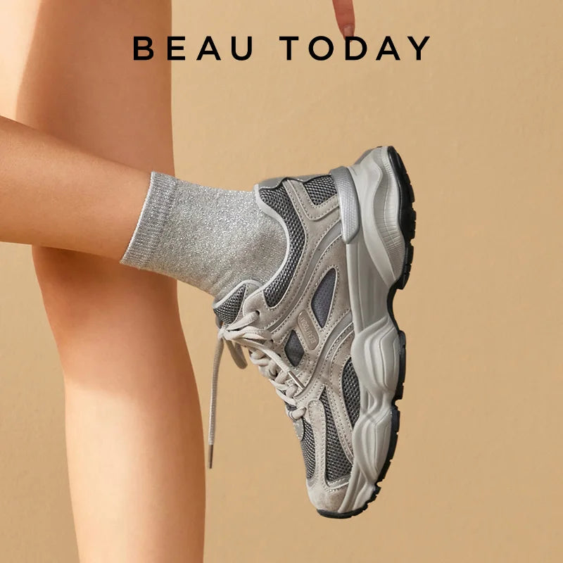 BEAUTODAY Chunky Sneakers Women Mesh Mixed Round Toe Lace-up Thick Sole New Breathable Ladies Sports Shoes Handmade HW29A14