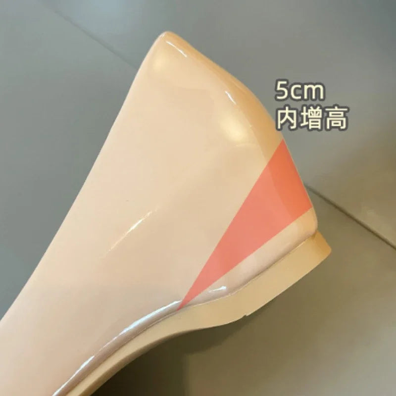 Women Low Heels 5cm Internal Height Increasing Shoe Fashion Flats Women Shoes Pointed Toe Patent Leather Office Driving Shoes