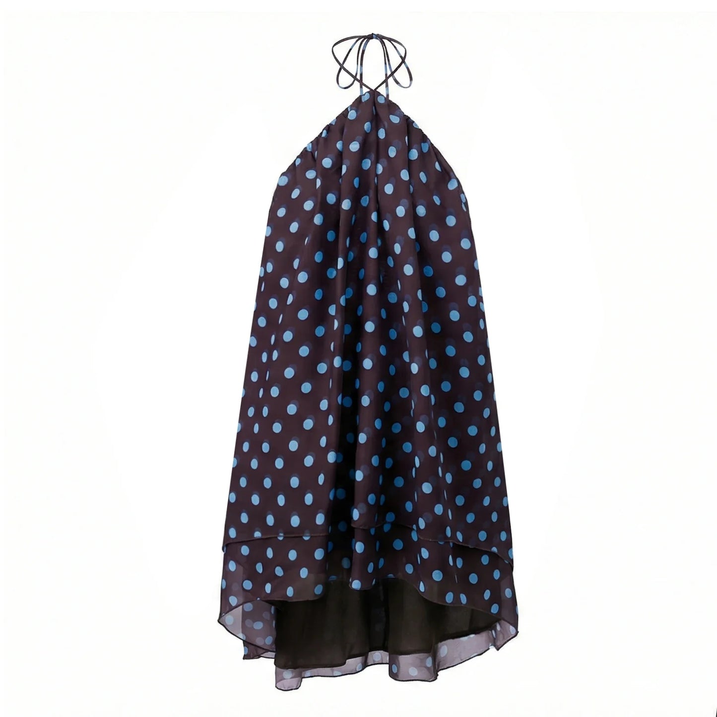 Women Summer Fashion Mini Dress Halter Neck Sleeveless Dot Print Backless High Low Hem Flowy Dresses