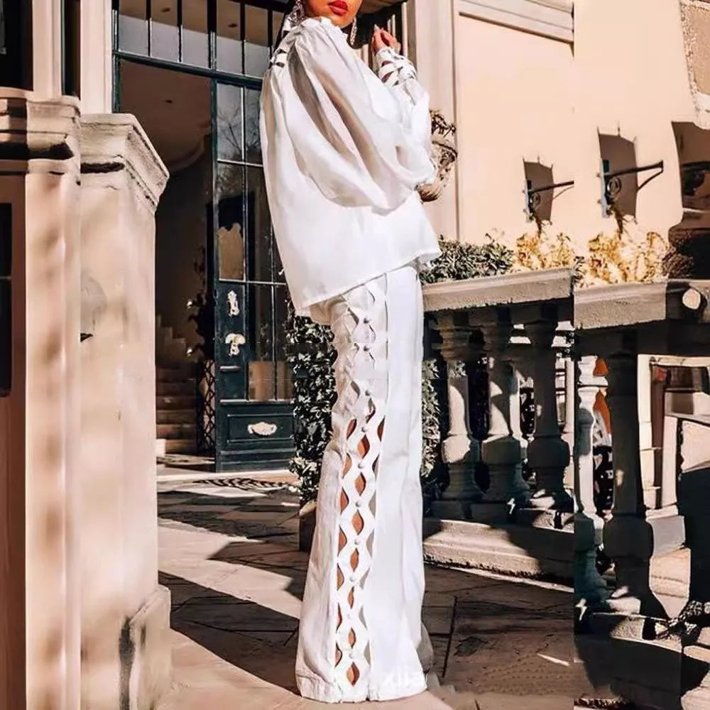 Plus Size Women's Elegant Two-Piece Set Ruffle Shirt White Long Sleeve Solid Blouse And Straight Side Hollow Out Long Pant Sets