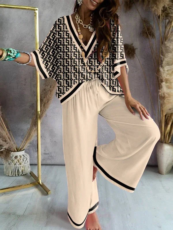 Missuoo Women's Loose Geometric Print V Neck Batwing Sleeve Top & Wide Leg Pants Set 2026 Summer Casual Loose 2 Piece Outfit