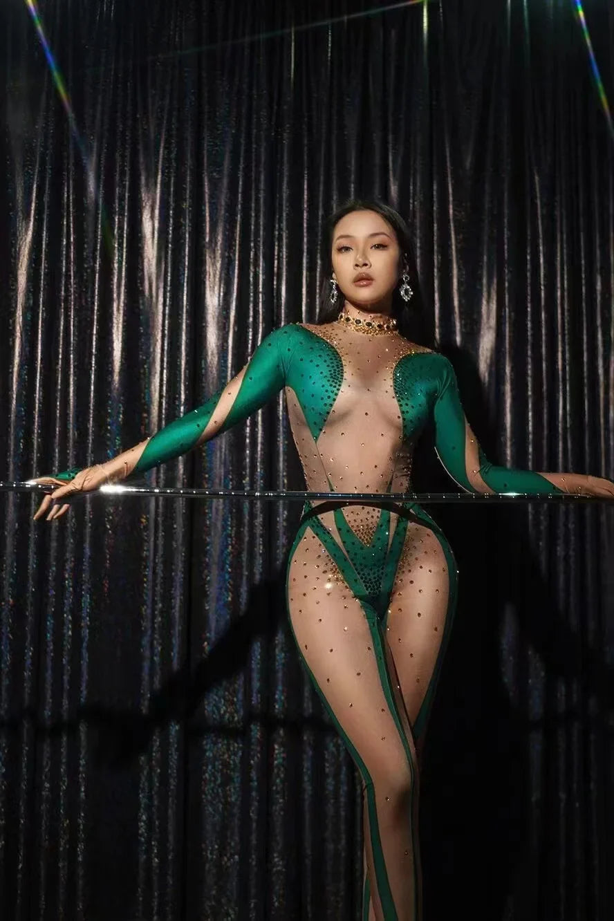 Sparkly Rhinestones Jumpsuit Women LongSleeve Nightclub Prom Party Outfit Singer DancerPerformance Dance Costume Stage Wear B171