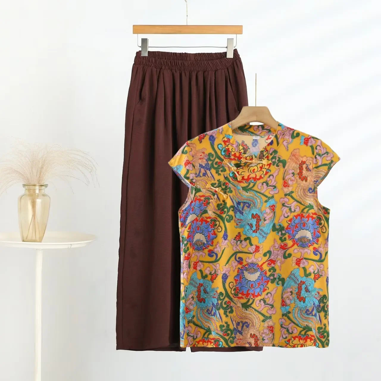 Summer Cotton-silk blend Cheongsam 2 Pcs Set Loose Short Sleeve Frog Closure Tops and Wide leg Pants New Chinese Style Plus size