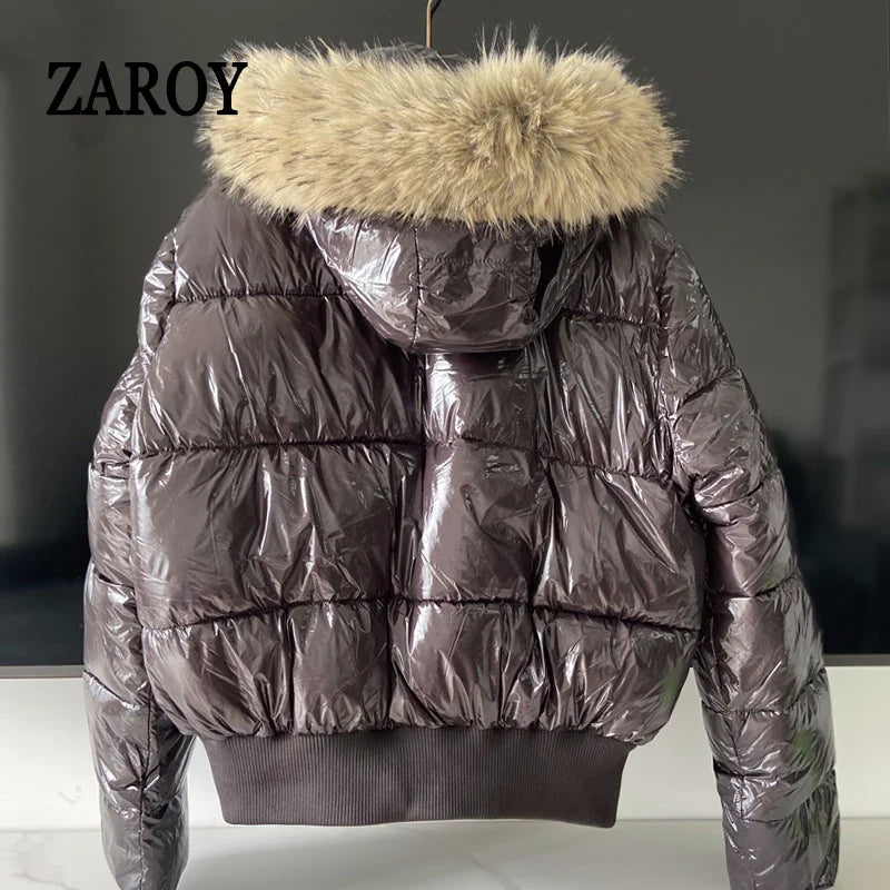 Russian Winter Warm Faux Fur Hooded Quilted Puffer Jacket Women Y2K Retro Padded Short Coat Casual Parka Glossy Outerwear куртка