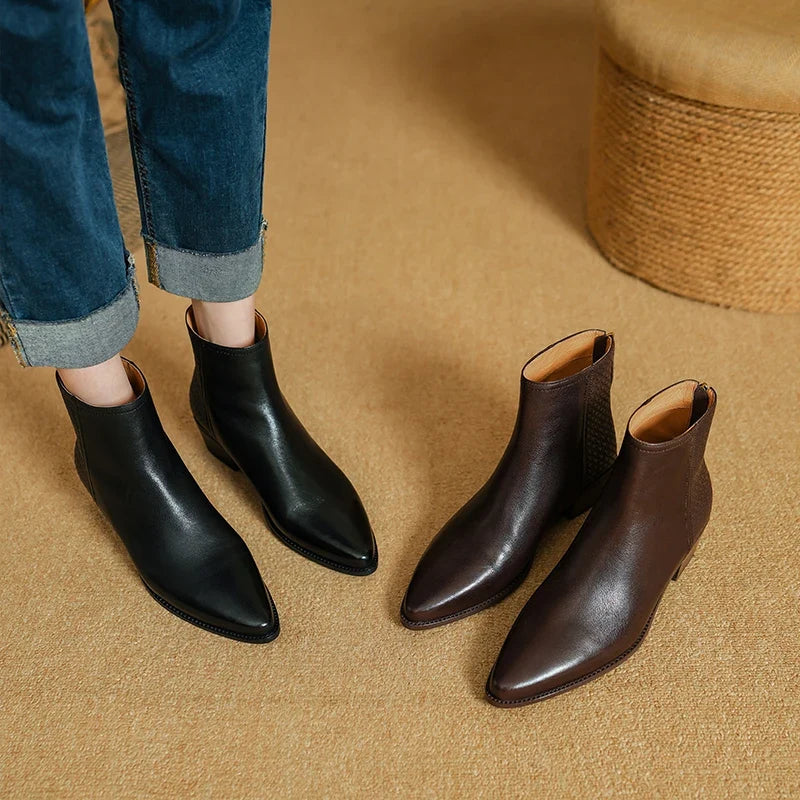 2025 New Autumn Women Boots Pointed Toe Chunky Heel Shoes Genuine Leather Women Shoes Concise Zipper Ankle Boots Western Boots