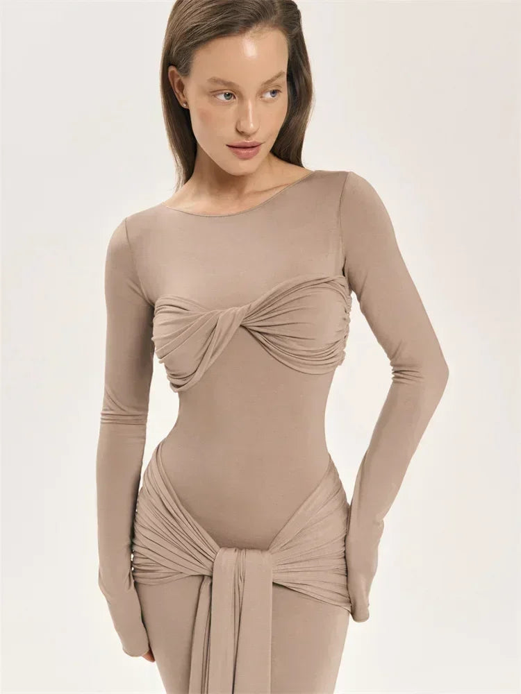 Vestido largo plisado sexy de mujer Tossy, retazos, retorcido, ajustado, manga larga, color sólido, estilo Y2k, para otoño, ropa de calle, vestido ajustado para mujer