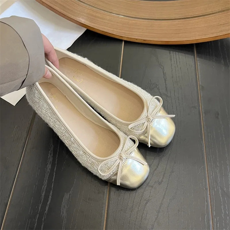 Women's Shoes Autumn New Ballet Shoes Leather Round Head Women's Shoes Flat Casual Classic Breathable Style Ladies Single Shoes
